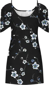 Detail of summer floral print dress with blue flower patterns on black fabric