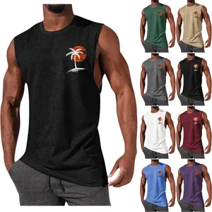 Detail view showing men's muscle tank top with palm tree print in various colors