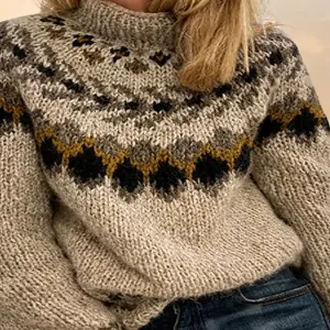 Detail showing the intricate Fair Isle jacquard knit pattern on a warm high-neck sweater