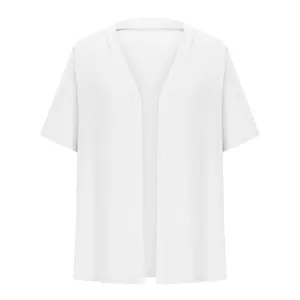 Detailed view of the elegant women's white short sleeve knit cardigan shrug for summer