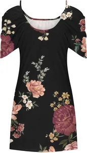Detail view of black floral summer dress with vintage flower print and flutter sleeves