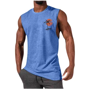 Detailed view of blue men's tank top featuring a tropical palm tree chest print