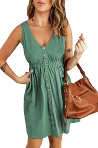 Sleeveless solid green button-down mini dress with cinched waist for women