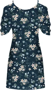 Detailed view of dark teal floral print dress with scoop neck and short puff sleeves
