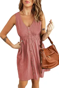 Sleeveless V-neck button-down mini dress with elastic waist in solid dusty rose pink color
