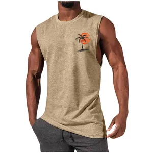 Detailed view of men's muscle tank top with palm tree print on sand-colored fabric