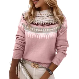 Close-up of pink Fair Isle knit sweater for women in autumn and winter