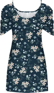 Close-up view of a dark blue summer swing dress with elegant floral prints and puff sleeves