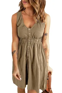 Casual brown sleeveless V-neck button-front mini dress for women with cinched waist