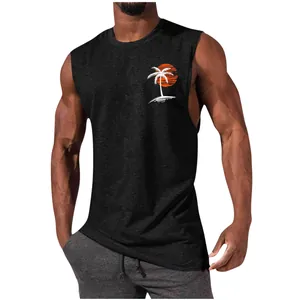 Close-up detail of a men's black muscle tank top featuring a tropical palm tree print