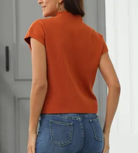 Back view detail of a terracotta ribbed knit short sleeve mock neck sweater for women