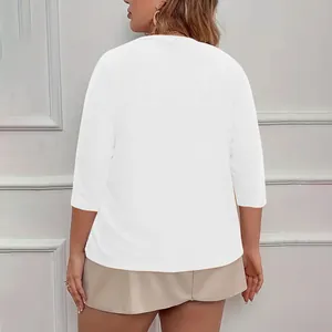 Back view detail of elegant plus size white three-quarter sleeve knit top for women
