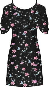 Detailed view of the pink floral and white star print on black summer swing dress.