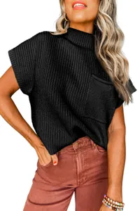 Women's black ribbed knit sweater vest featuring a high neck and short batwing sleeves.