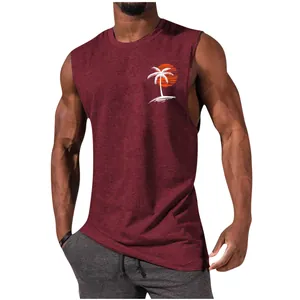 Front detail of men's burgundy muscle tank top with tropical palm tree and sunset print