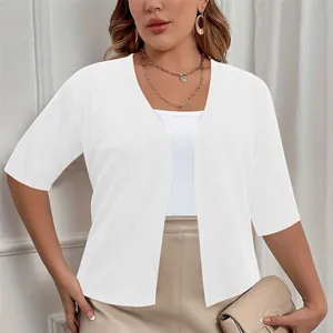 Elegant plus size women's white short sleeve knit cardigan shown in a detailed view