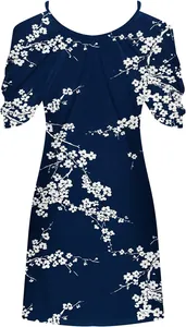Detailed view of navy blue floral print dress featuring a cold shoulder design and swing hem
