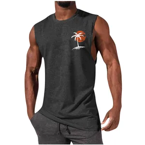 Detail of men's muscle tank top in dark grey with a minimalist palm tree print on chest.