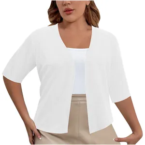 Elegant white short sleeve open front shrug knit cardigan sweater for plus size women