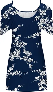 Detailed view of navy blue summer dress featuring floral print and cold shoulder design