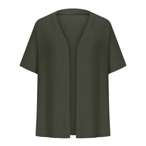 Front view of dark green short sleeve open front cardigan for women