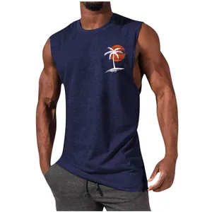 Close-up detail view of navy blue men's muscle fit tank top with palm tree sunset chest print