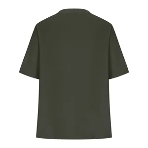 Back view of a minimalist dark olive green short sleeve knit top for elegant women