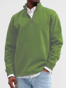 Casual men's grass green quarter-zip sweatshirt with stand collar and ribbed cuffs