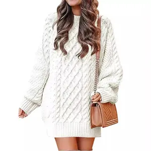 Elegante vestido de suéter blanco de punto de ochos oversize con cuello redondo para invierno