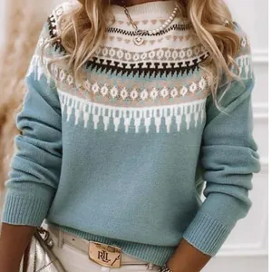 Close-up of women's jacquard knitted sweater featuring classic fair isle pattern