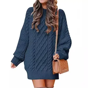 Vestido de suéter azul oversize para mujer con cuello redondo y punto de ochos