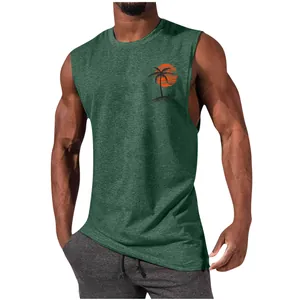 Men's green muscle tank top featuring a tropical palm tree and sunset chest print design