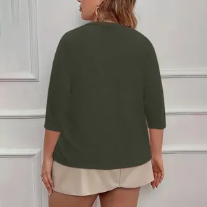 Back view of an elegant plus-size dark olive green 3/4 sleeve knit top for women