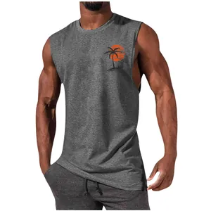 Detail of gray muscle tank top for men featuring a small palm tree chest print
