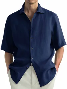 Detailed macro view of a navy blue short sleeve cotton shirt with button-down front