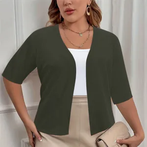 Elegant dark green plus size open-front knit cardigan with short sleeves for women