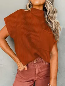 Stylish burnt orange mock neck ribbed knit sweater vest for women with pocket