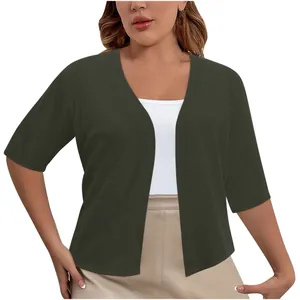 Elegant women's plus size olive green open front knit shrug cardigan with mid sleeves
