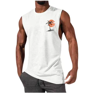Close-up detail of men's white athletic muscle tank top with a sunset palm tree print