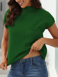 Elegant dark green mock neck short sleeve ribbed knit sweater vest featuring chest pocket