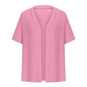 Front view of an elegant pink short-sleeved open-front knit cardigan for women