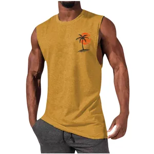 Men's mustard muscle tank top featuring a tropical palm tree and sunset chest print