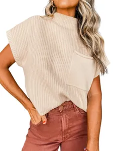 Beige short sleeve mock neck ribbed knit sweater vest for women with front pocket detail
