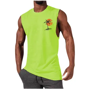 Detail view of a vibrant neon green sleeveless sports tank top with palm tree print