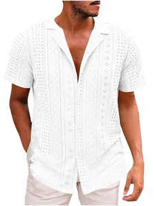 Camicia da uomo a maniche corte bianca con ricamo a giorno e colletto cubano traspirante