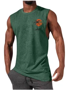 Men's athletic green muscle tank top featuring a palm tree sunset print on the chest