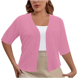 Women's plus size elegant pink short sleeve open front knit bolero shrug cardigan