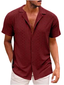 Camicia bordeaux a maniche corte da uomo con trama a occhielli vintage e revers