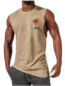 Men's khaki muscle tank top featuring a tropical palm tree and sunset chest print.