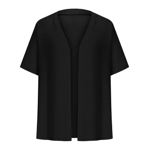 Front view of an elegant black short-sleeved cardigan with open-front design